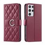 For Samsung Galaxy S21 Ultra 5G Ring Buckle Rhombic Leather Phone Case(Red)