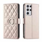 For Samsung Galaxy S21 Ultra 5G Ring Buckle Rhombic Leather Phone Case(Rose Gold)