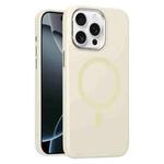 For iPhone 16 Pro Metal Lens Frame Liquid Silicone MagSafe Phone Case(Antique White)