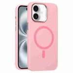 For iPhone 16 Plus Metal Lens Frame Liquid Silicone MagSafe Phone Case(Rose Pink)