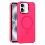 For iPhone 16 Metal Lens Frame Liquid Silicone MagSafe Phone Case(Rose Red)