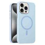 For iPhone 15 Pro Max Metal Lens Frame Liquid Silicone MagSafe Phone Case(Sierra Blue)