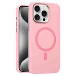 For iPhone 15 Pro Metal Lens Frame Liquid Silicone MagSafe Phone Case(Rose Pink)