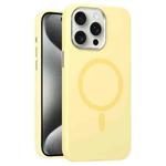 For iPhone 15 Pro Metal Lens Frame Liquid Silicone MagSafe Phone Case(Cream Yellow)