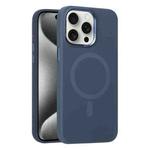 For iPhone 15 Pro Metal Lens Frame Liquid Silicone MagSafe Phone Case(Midnight Blue)