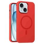 For iPhone 15 Metal Lens Frame Liquid Silicone MagSafe Phone Case(Red)