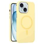 For iPhone 15 Metal Lens Frame Liquid Silicone MagSafe Phone Case(Cream Yellow)