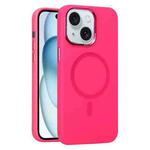 For iPhone 15 Metal Lens Frame Liquid Silicone MagSafe Phone Case(Rose Red)