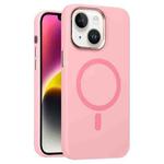 For iPhone 14 Metal Lens Frame Liquid Silicone MagSafe Phone Case(Rose Pink)