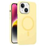 For iPhone 14 Metal Lens Frame Liquid Silicone MagSafe Phone Case(Cream Yellow)