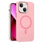 For iPhone 13 Metal Lens Frame Liquid Silicone MagSafe Phone Case(Rose Pink)