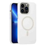 For iPhone 13 Pro Metal Lens Frame Liquid Silicone MagSafe Phone Case(White)