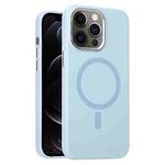 For iPhone 12 Pro Metal Lens Frame Liquid Silicone MagSafe Phone Case(Sierra Blue)