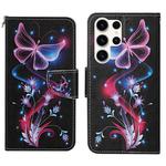 For Samsung Galaxy S25 Ultra 5G Colored Drawing Pattern Leather Phone Case(Fluorescent Butterfly)