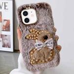 For iPhone 11 Pearl Rabbit Plush TPU Phone Case(Brown)