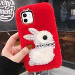 For iPhone 11 Pearl Rabbit Plush TPU Phone Case(Red)