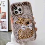 For iPhone 13 Pro Pearl Rabbit Plush TPU Phone Case(Brown)