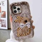 For iPhone 14 Pro Pearl Rabbit Plush TPU Phone Case(Brown)