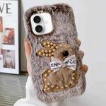 For iPhone 16 Plus Pearl Rabbit Plush TPU Phone Case(Brown)