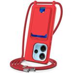 For Redmi Note 14 4G 163.25mm Integrated Card Bag Solid Color Liquid Silicone Phone Case with Lanyard(Red)