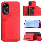 For OPPO A58 / A58X / A1X / A2X Skin Feel Four Card Slots Phone Case with Wrist Strap(Red)