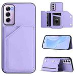 For OPPO Reno12 Pro Global Skin Feel Four Card Slots Phone Case with Wrist Strap(Purple)