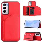 For OPPO Reno12 Global Skin Feel Four Card Slots Phone Case with Wrist Strap(Red)