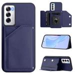 For OPPO Reno12 Global Skin Feel Four Card Slots Phone Case with Wrist Strap(Blue)