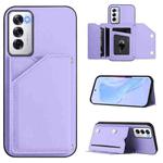 For OPPO Reno12 Global Skin Feel Four Card Slots Phone Case with Wrist Strap(Purple)