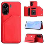 For Xiaomi Poco C65 Skin Feel Four Card Slots Phone Case with Wrist Strap(Red)