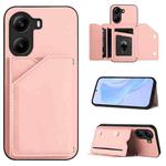 For Xiaomi Poco X7 Pro Skin Feel Four Card Slots Phone Case with Wrist Strap(Pink)