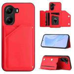 For Xiaomi Poco X7 Pro Skin Feel Four Card Slots Phone Case with Wrist Strap(Red)