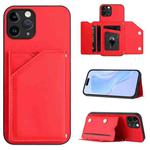 For iPhone 11 Pro Skin Feel Four Card Slots Phone Case with Wrist Strap(Red)