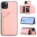 For iPhone 11 Pro Max Skin Feel Four Card Slots Phone Case with Wrist Strap(Pink)