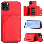 For iPhone 11 Pro Max Skin Feel Four Card Slots Phone Case with Wrist Strap(Red)