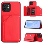 For iPhone 12 Skin Feel Four Card Slots Phone Case with Wrist Strap(Red)