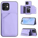 For iPhone 12 Skin Feel Four Card Slots Phone Case with Wrist Strap(Purple)