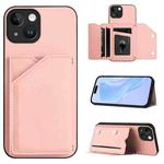 For iPhone 13 Skin Feel Four Card Slots Phone Case with Wrist Strap(Pink)