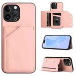 For iPhone 13 Pro Max Skin Feel Four Card Slots Phone Case with Wrist Strap(Pink)