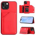 For iPhone 14 Skin Feel Four Card Slots Phone Case with Wrist Strap(Red)