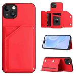 For iPhone 14 Plus Skin Feel Four Card Slots Phone Case with Wrist Strap(Red)