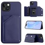 For iPhone 14 Plus Skin Feel Four Card Slots Phone Case with Wrist Strap(Blue)