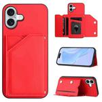 For iPhone 16 Plus Skin Feel Four Card Slots Phone Case with Wrist Strap(Red)