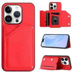 For iPhone 16 Pro Skin Feel Four Card Slots Phone Case with Wrist Strap(Red)