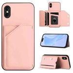 For iPhone X / XS Skin Feel Four Card Slots Phone Case with Wrist Strap(Pink)