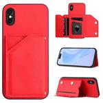 For iPhone X / XS Skin Feel Four Card Slots Phone Case with Wrist Strap(Red)