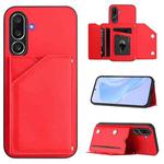 For Samsung Galaxy M56 5G Skin Feel Four Card Slots Phone Case with Wrist Strap(Red)