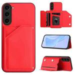 For Samsung Galaxy S23 5G Skin Feel Four Card Slots Phone Case with Wrist Strap(Red)