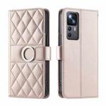 For Redmi K50 Ultra Ring Buckle Rhombic Leather Phone Case(Rose Gold)