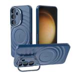 For Samsung Galaxy S25 5G Lens Frame Bracket Corrugated MagSafe Phone Case(Dark Blue)